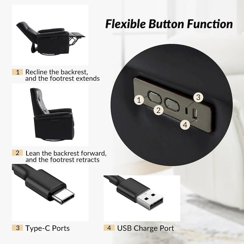 Fauteuil inclinable électrique pivotant en similicuir moderne avec ports USB