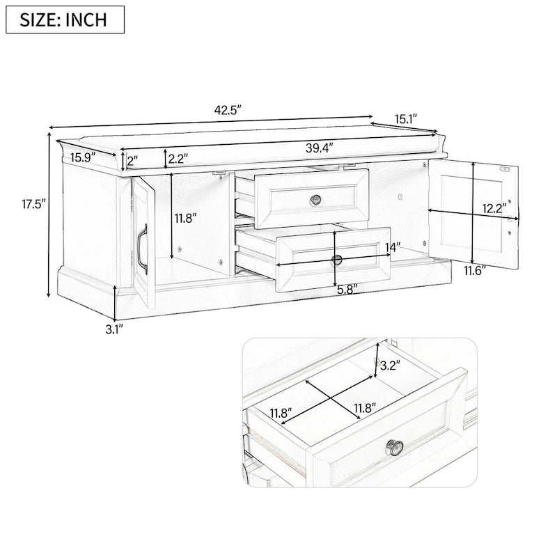 Banc de rangement avec 2 tiroirs et 2 placards