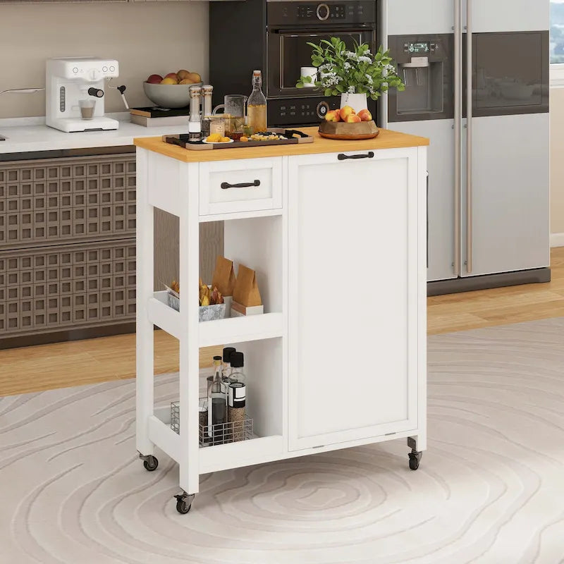 Desserte de cuisine sur roulettes avec meuble de rangement pour poubelle