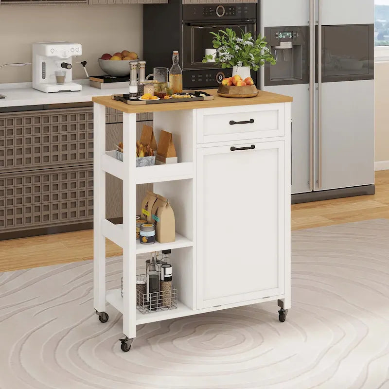 Desserte de cuisine sur roulettes avec meuble de rangement pour poubelle