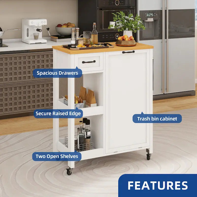 Desserte de cuisine sur roulettes avec meuble de rangement pour poubelle